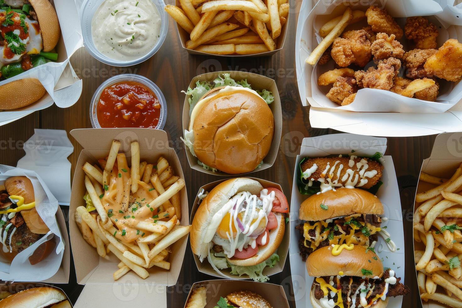 Fast food restaurant delivering take away orders of burgers and french fries photo