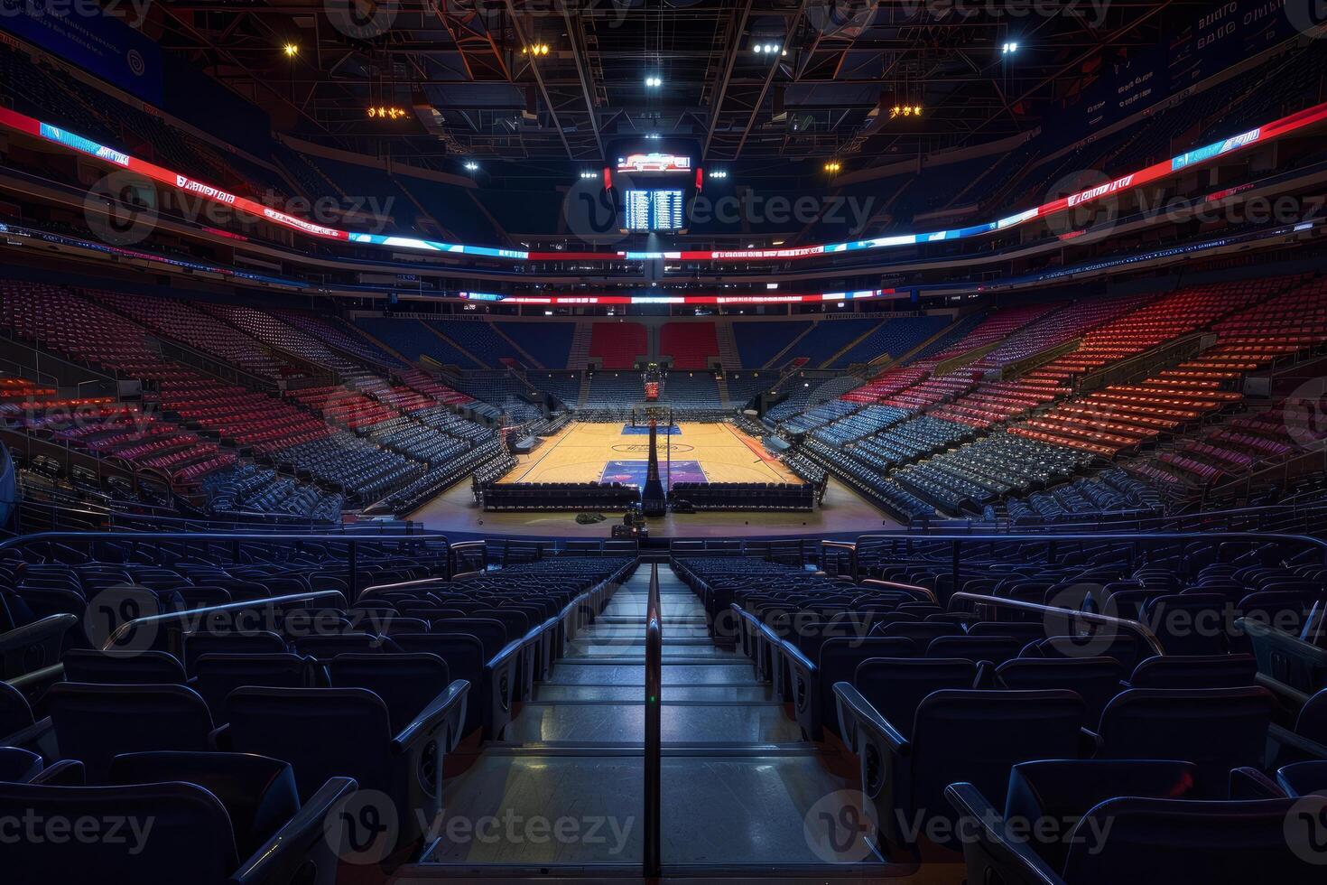 Empty basketball arena with bright lights illuminating the court photo