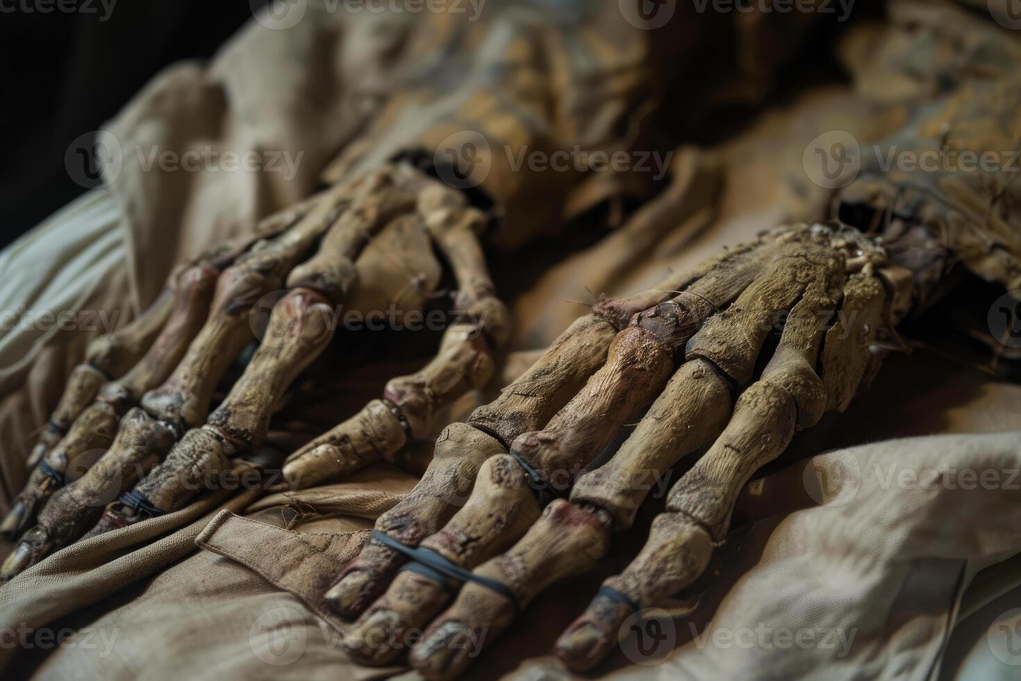 Skeleton hands resting on burial cloth inside tomb photo