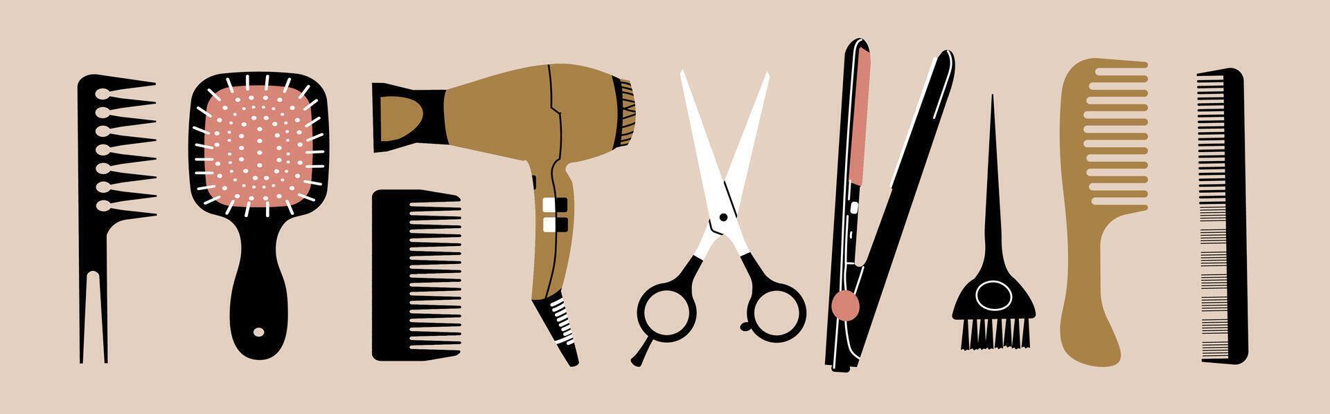 Set of equipment for a hairdresser. Collection of tools for hair cutting and styling. Hairdryer, hairbrush, scissors and professional tools for barbershop. Hand drawn illustration on light bac vector