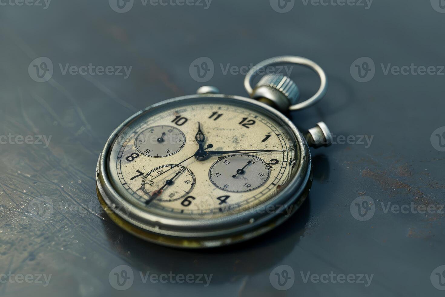 Vintage analog stopwatch resting on reflective surface photo