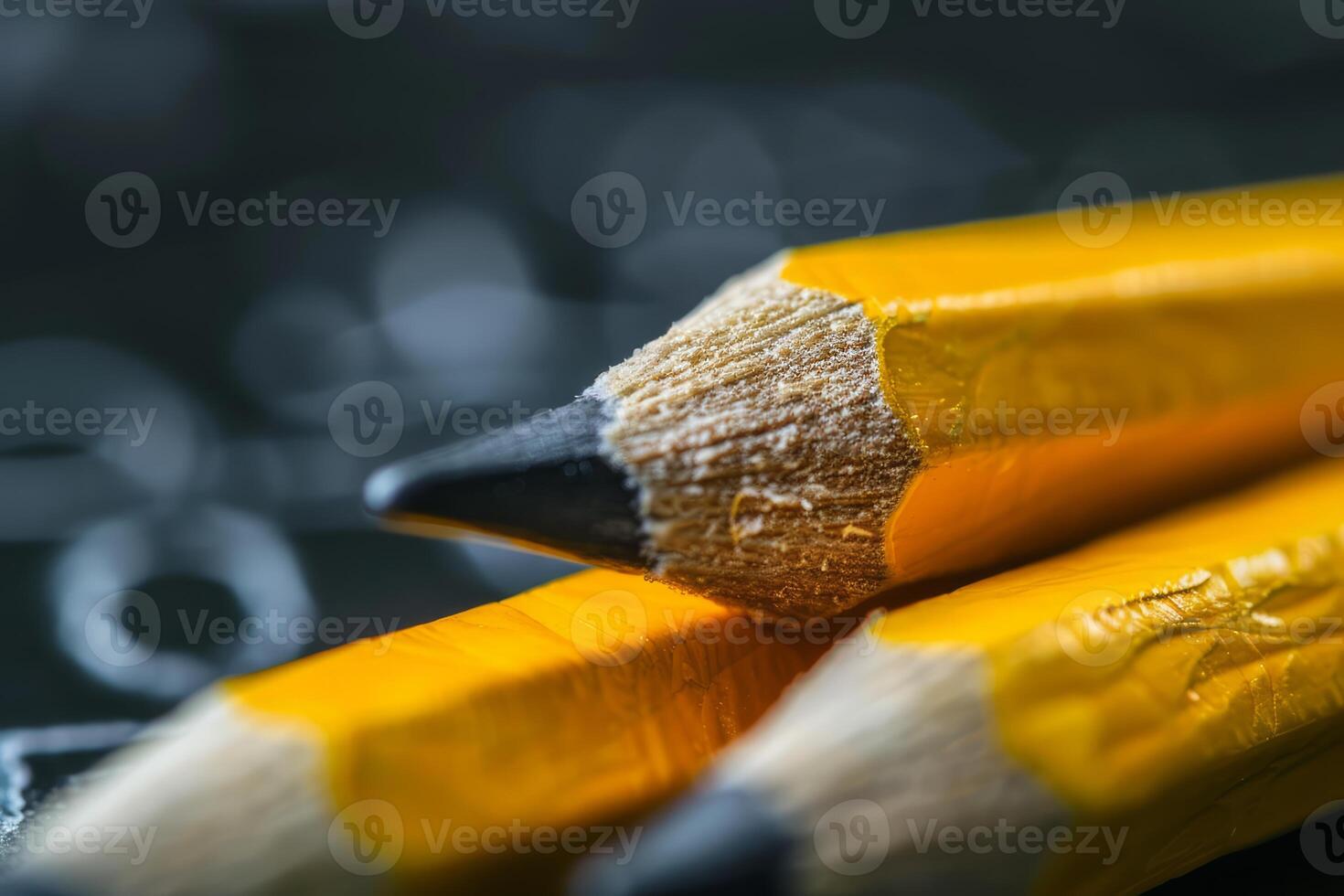 Three sharpened pencils laying on a textbook open to a blurred page photo