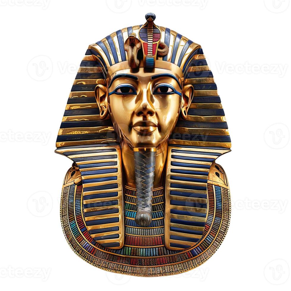 Golden mask of tutankhamun standing out on white background photo
