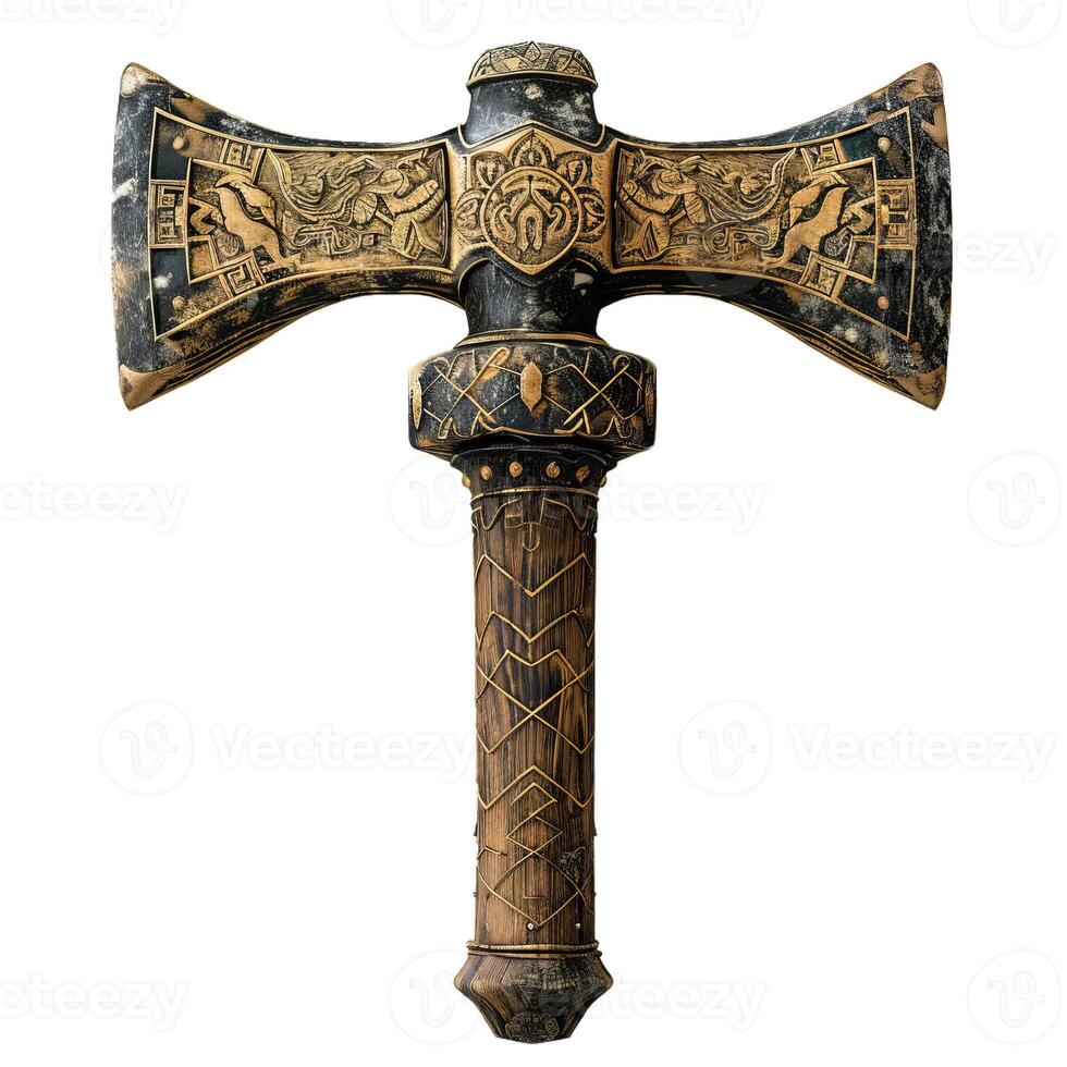 Ancient fantasy double headed axe with gold ornaments isolated on white background photo