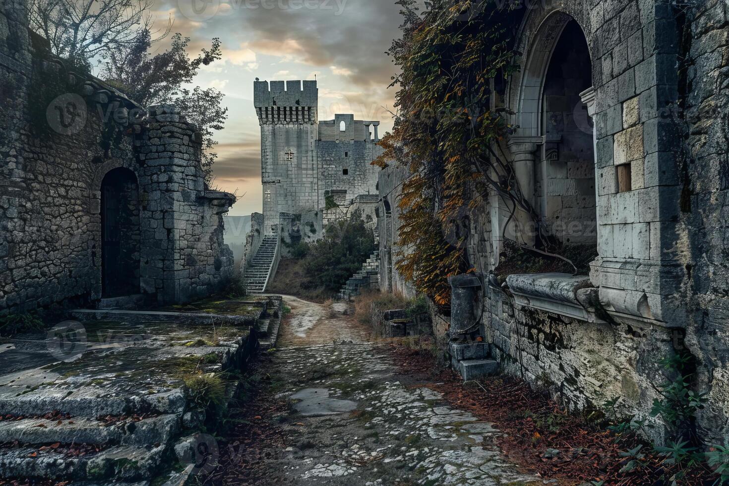 Stone path leading to medieval castle ruins at sunset photo