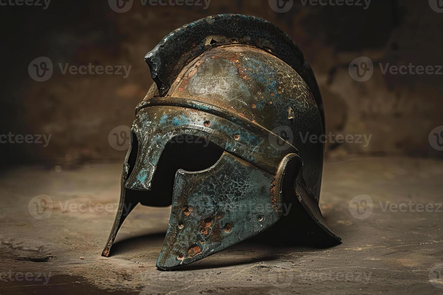 Ancient spartan helmet resting on stone surface photo