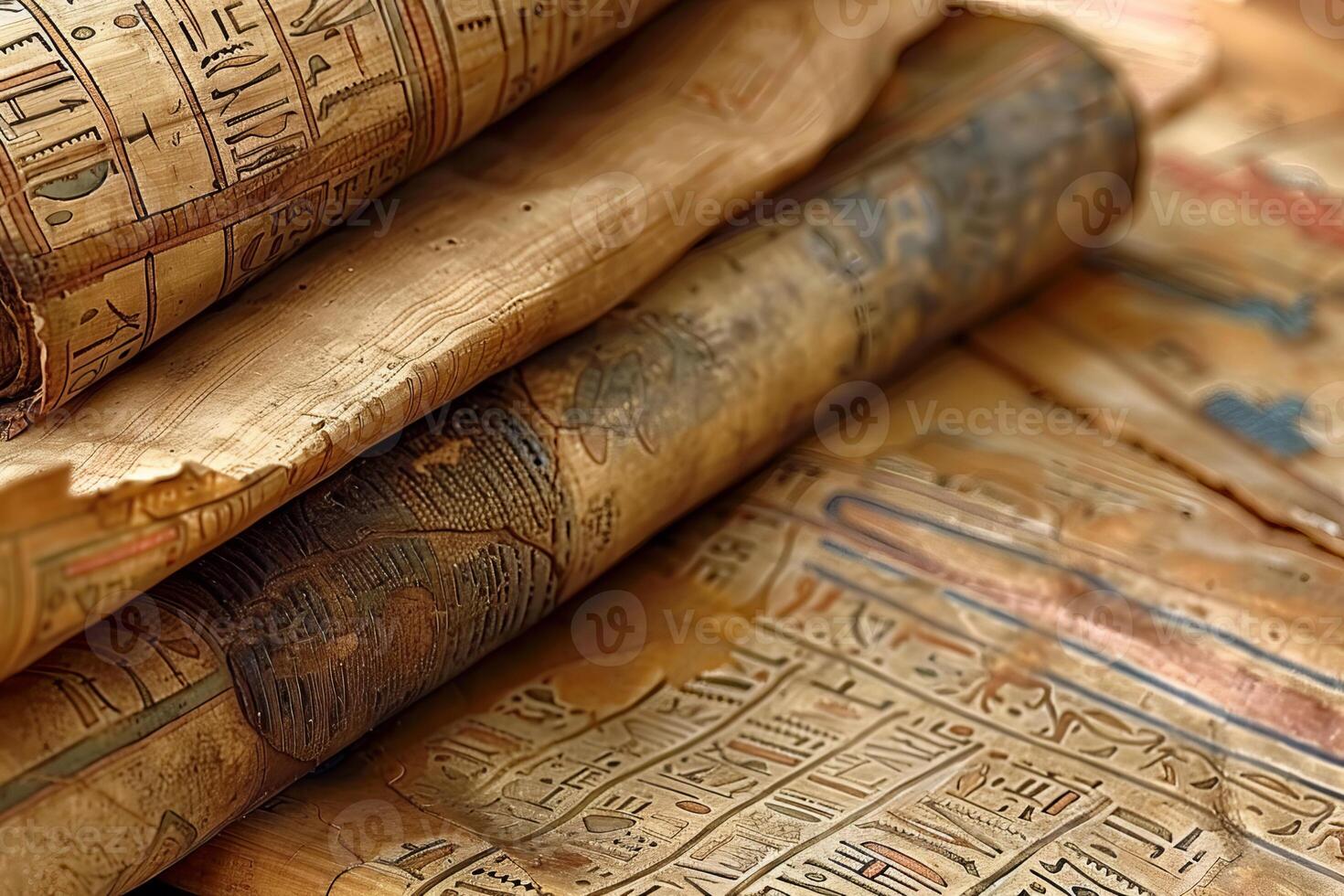 Ancient egyptian papyrus scrolls showing detailed hieroglyphics photo