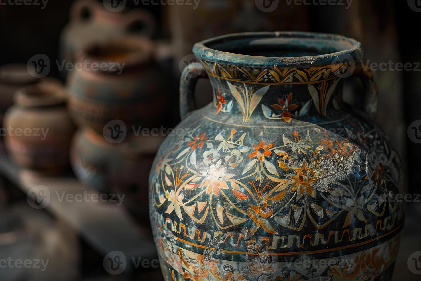 Ancient greek amphora with floral patterns standing on dusty shelf in antique shop photo