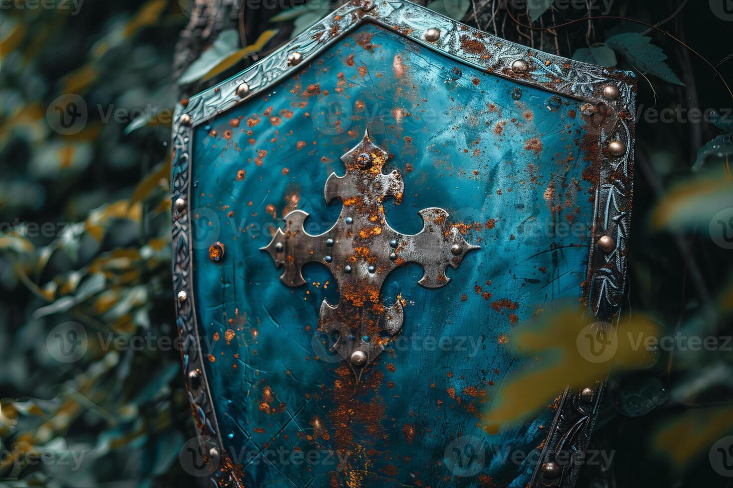 Rusty blue metal shield with cross hanging on tree in forest photo