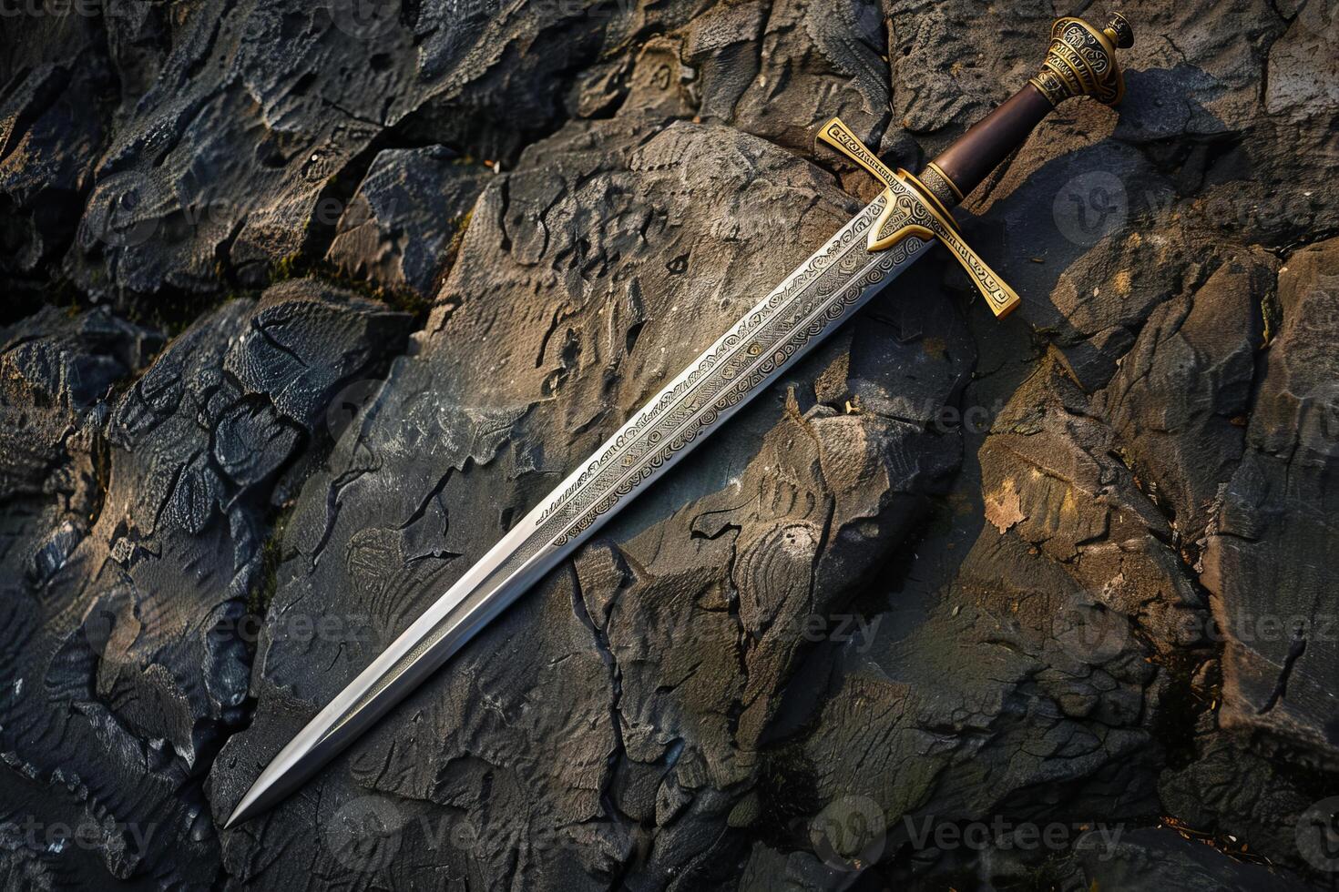 Medieval sword lying on rocks in nature setting photo