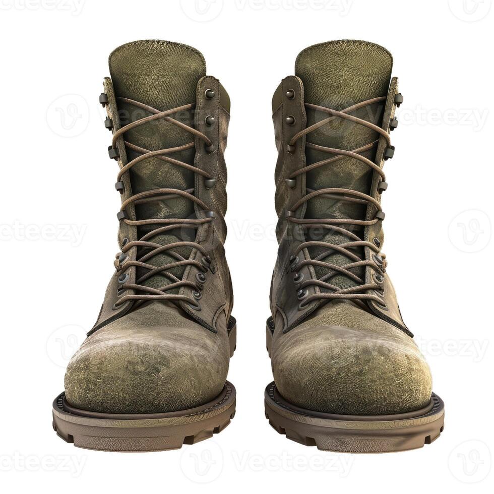 Pair of worn military boots isolated on white background photo