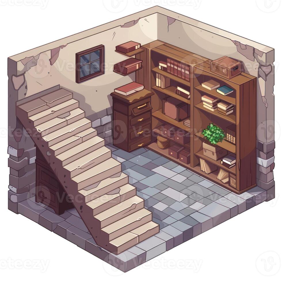 Old library room with stone stairs leading to wooden bookshelves full of books photo