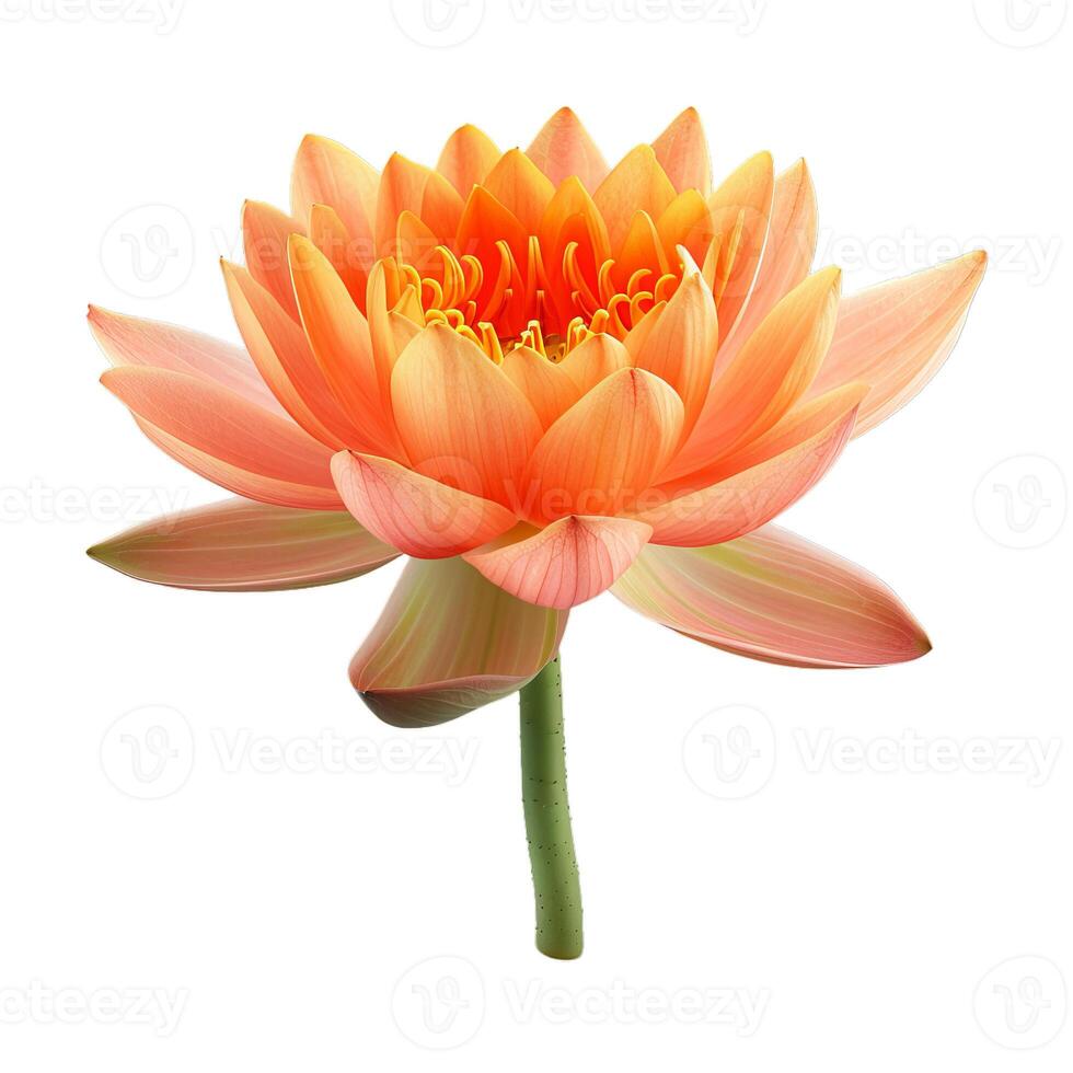 Single orange water lily blooming on white background photo