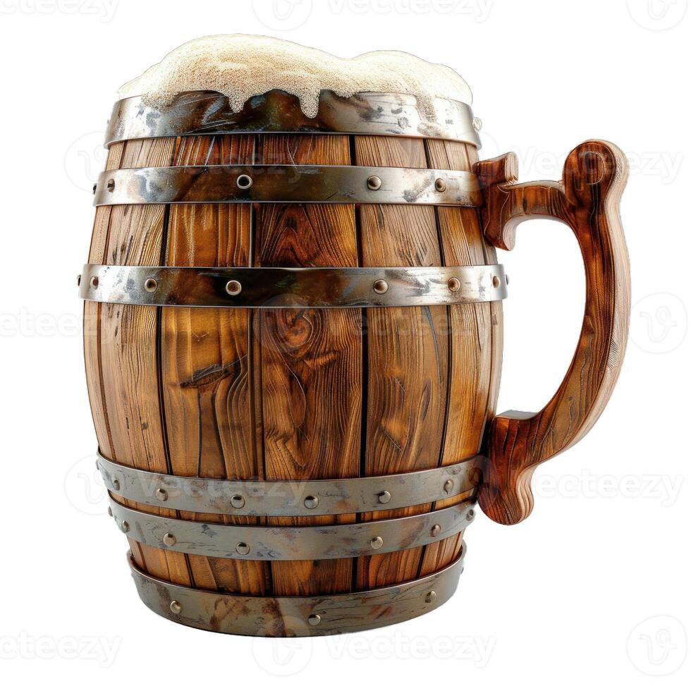 Wooden beer mug overflowing with frothy beer on white background photo