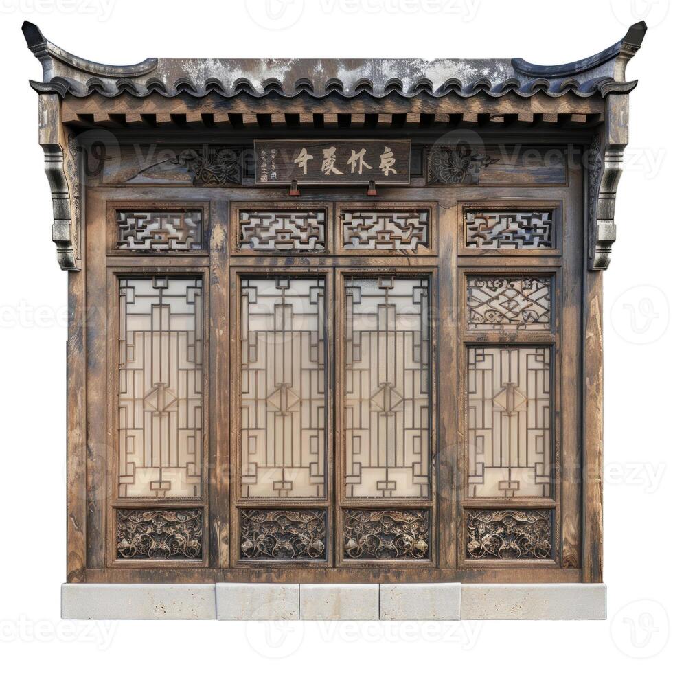 Traditional chinese wooden door showing intricate carvings and frosted windows on white background photo