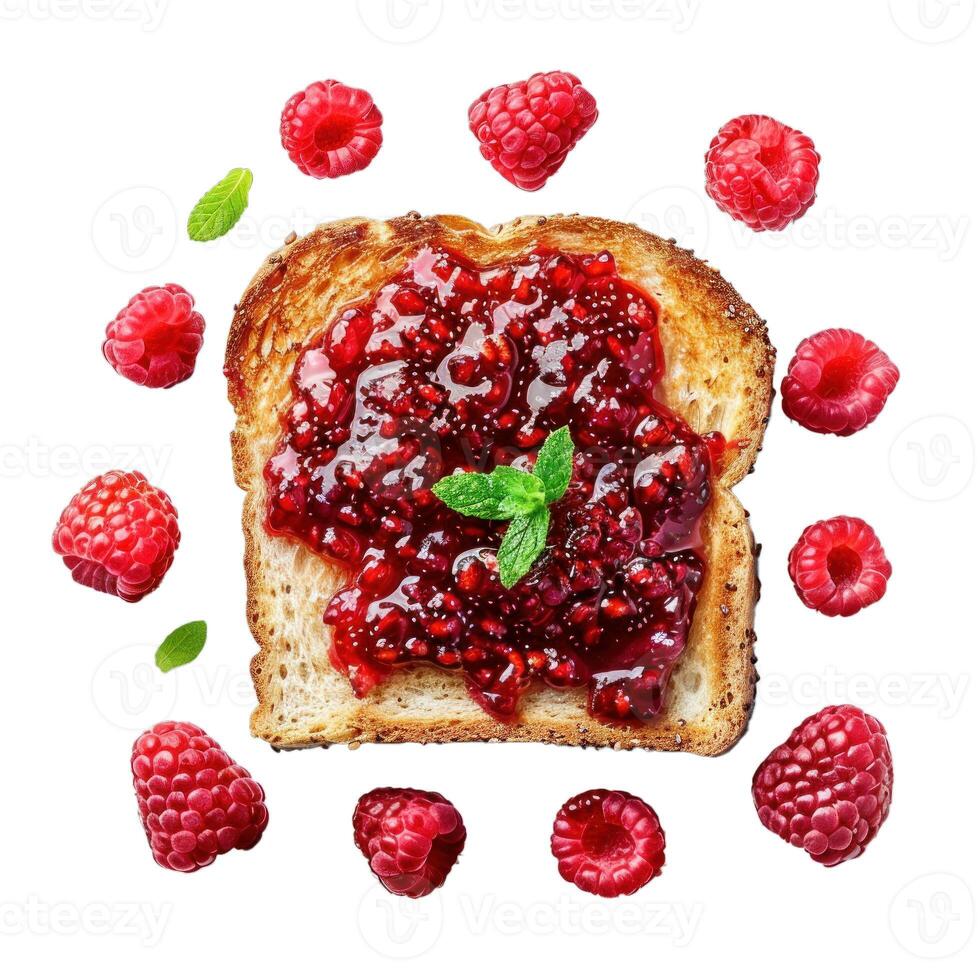 Toasted bread slice with raspberry jam surrounded by fresh raspberries photo