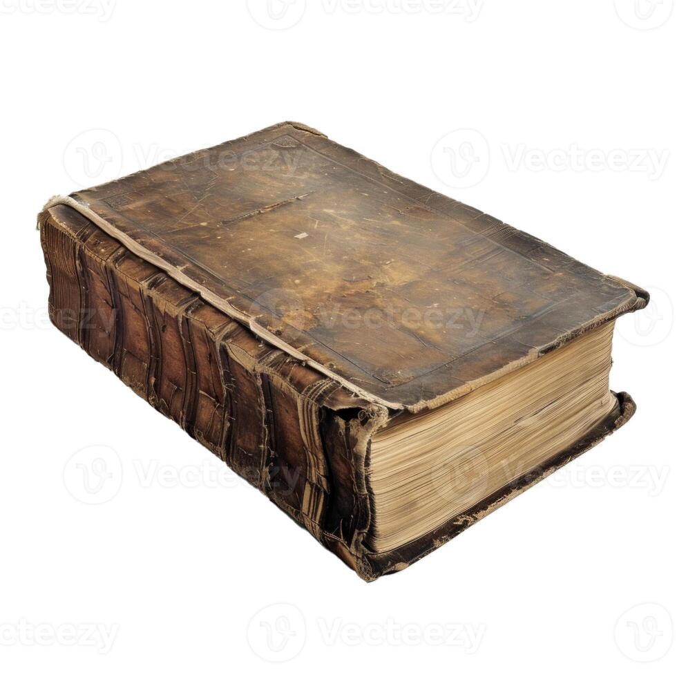 Antique book with leather cover lying open on white background photo