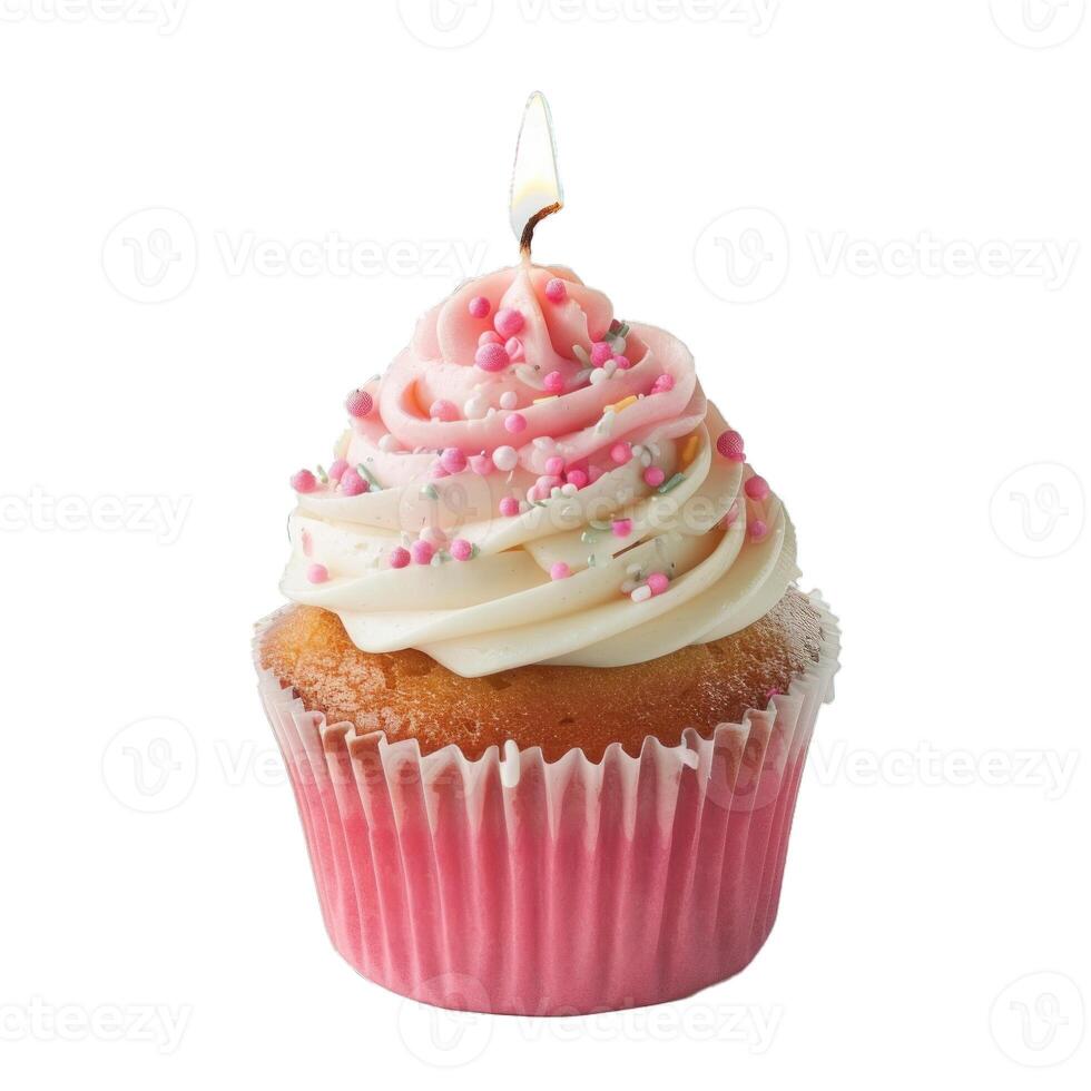 Delicious cupcake decorated with icing and sprinkles holding a lit candle photo