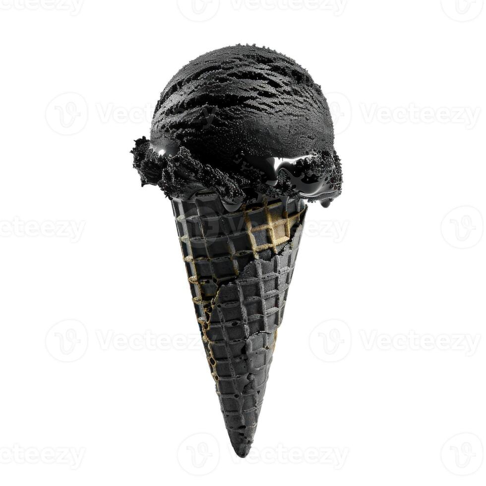 Black ice cream dripping on black waffle cone isolated on white background photo