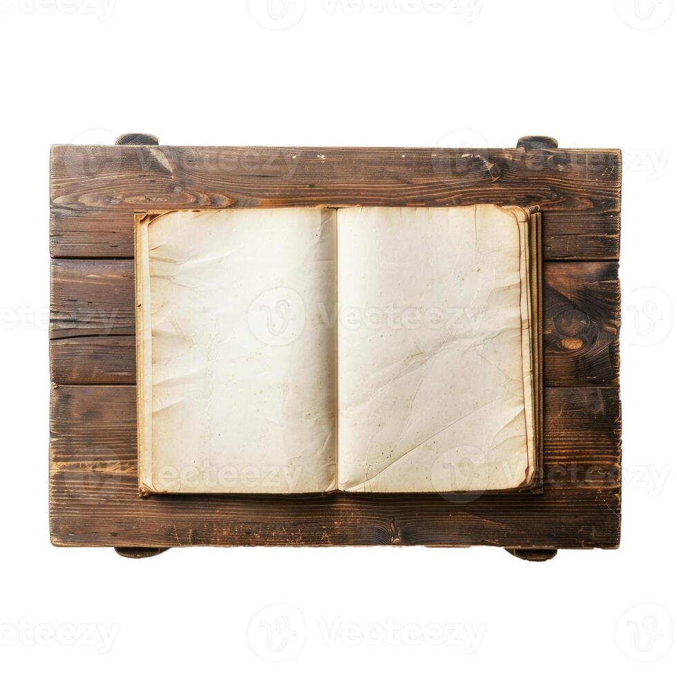 Old open book with blank pages on wooden desk photo