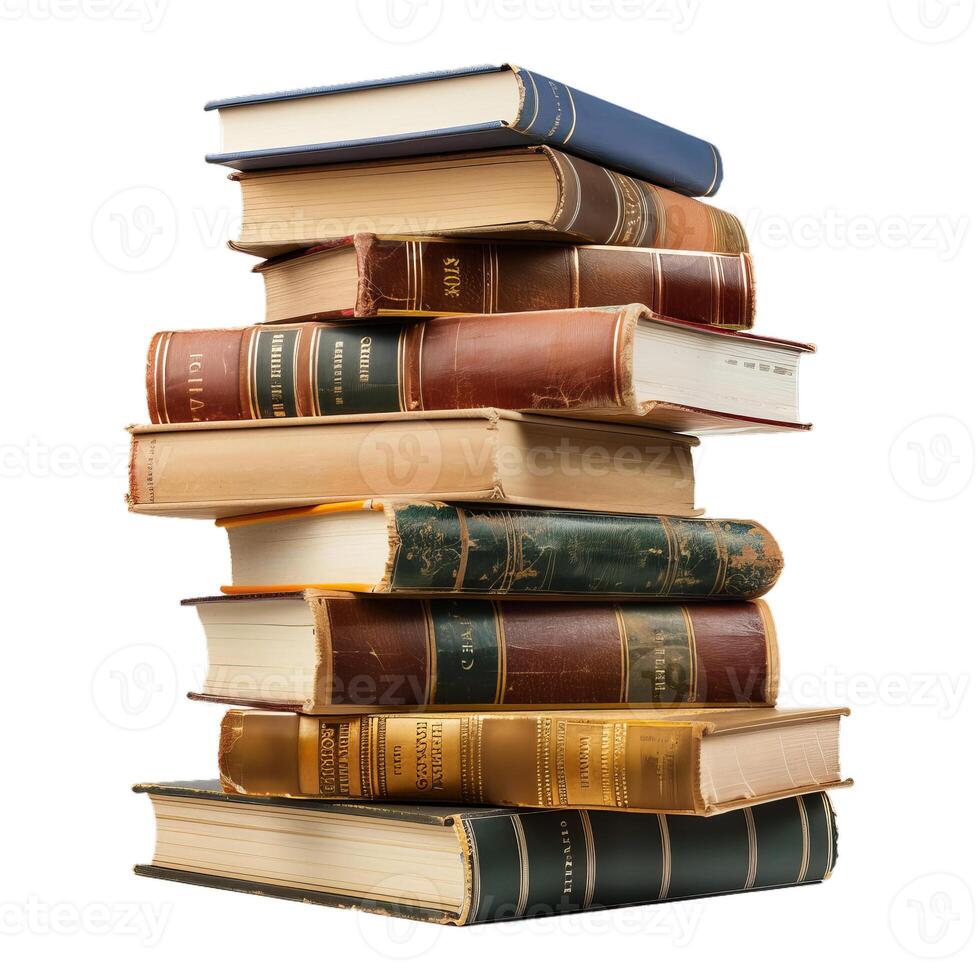Stack of old leather bound books isolated on white background photo