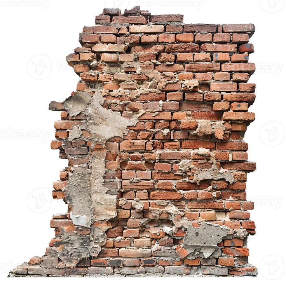 Old damaged red brick wall with crumbling plaster showing supporting bricks photo