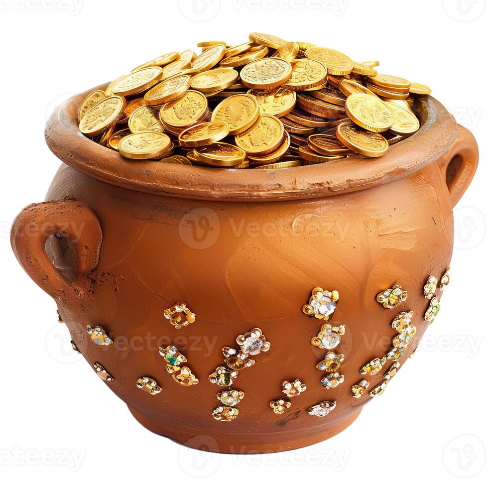 Clay pot overflowing with gold coins representing savings photo