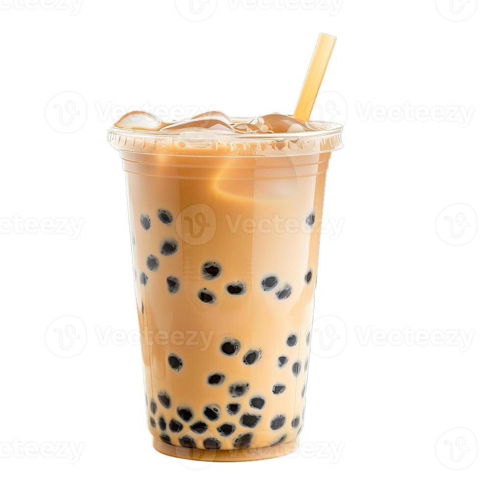 Iced milk bubble tea in plastic cup with straw showing boba balls photo