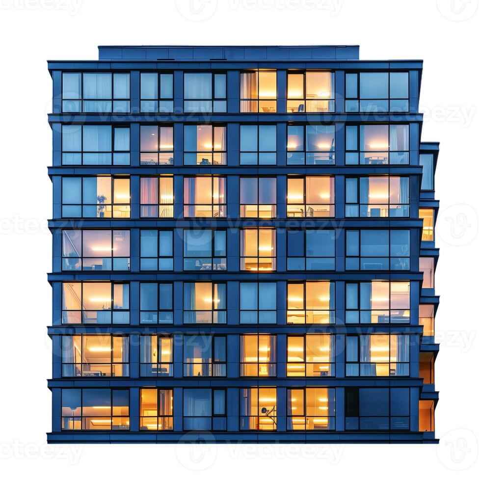 Modern apartment building at dusk showing lifestyle in apartments through glowing windows photo