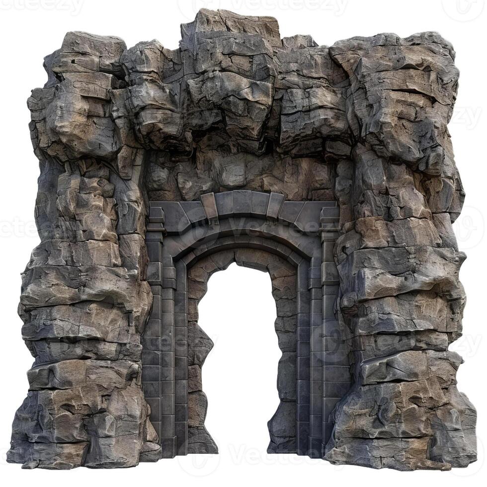 Ancient stone archway forming gate through mountain rock formation photo
