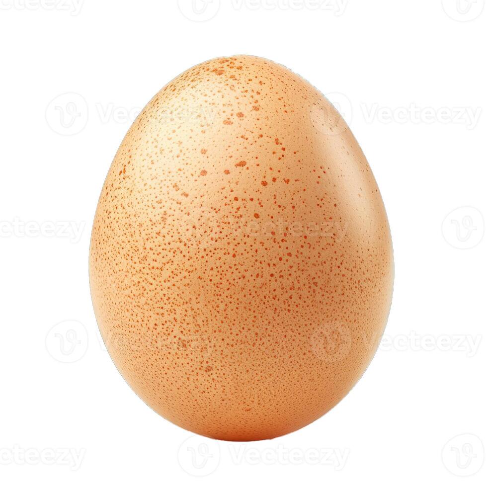 Single brown chicken egg standing upright on white background photo