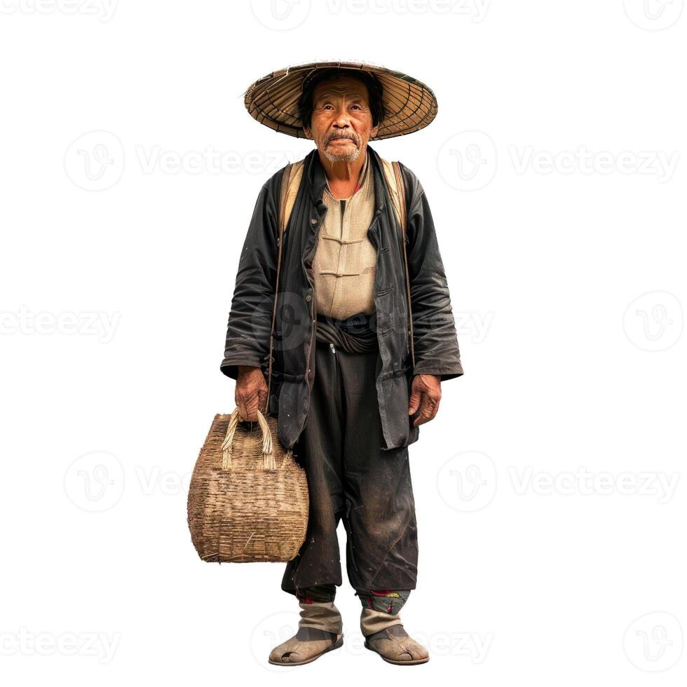 Old chinese farmer wearing traditional clothes and hat holding bamboo basket photo