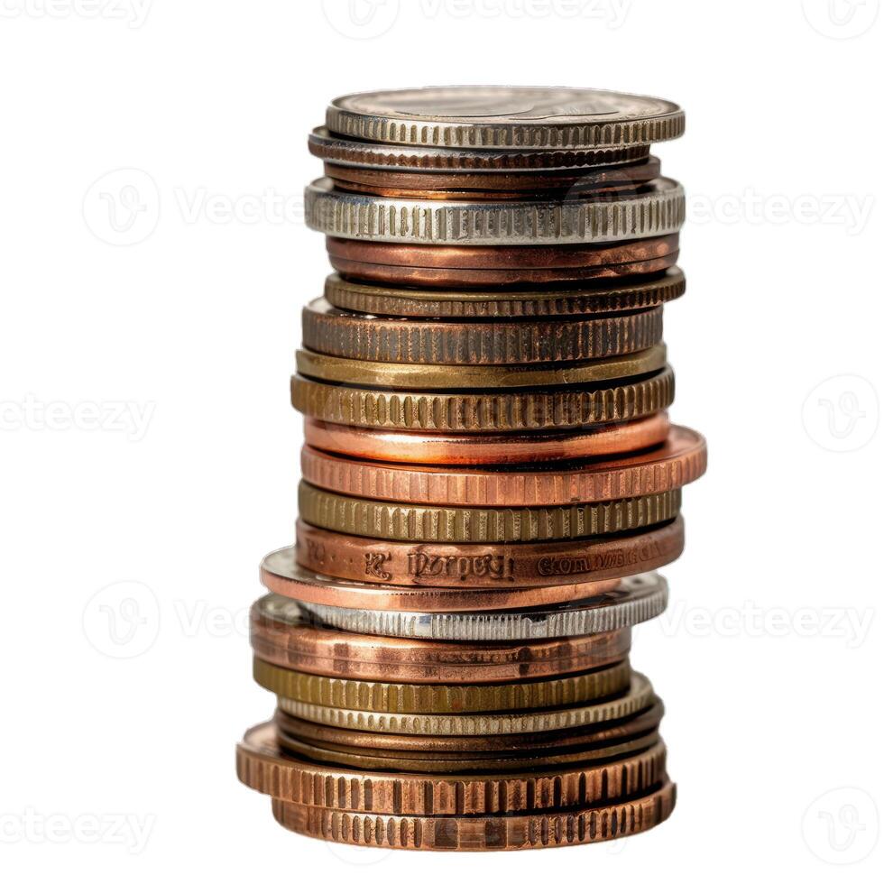 Tall stack of coins forming savings on white background photo