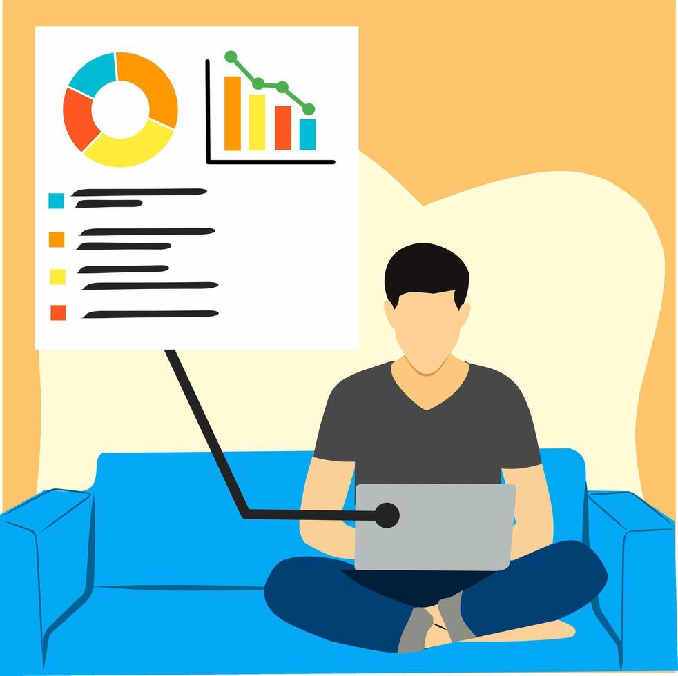 A man sitting on a couch with a laptop and a chart vector