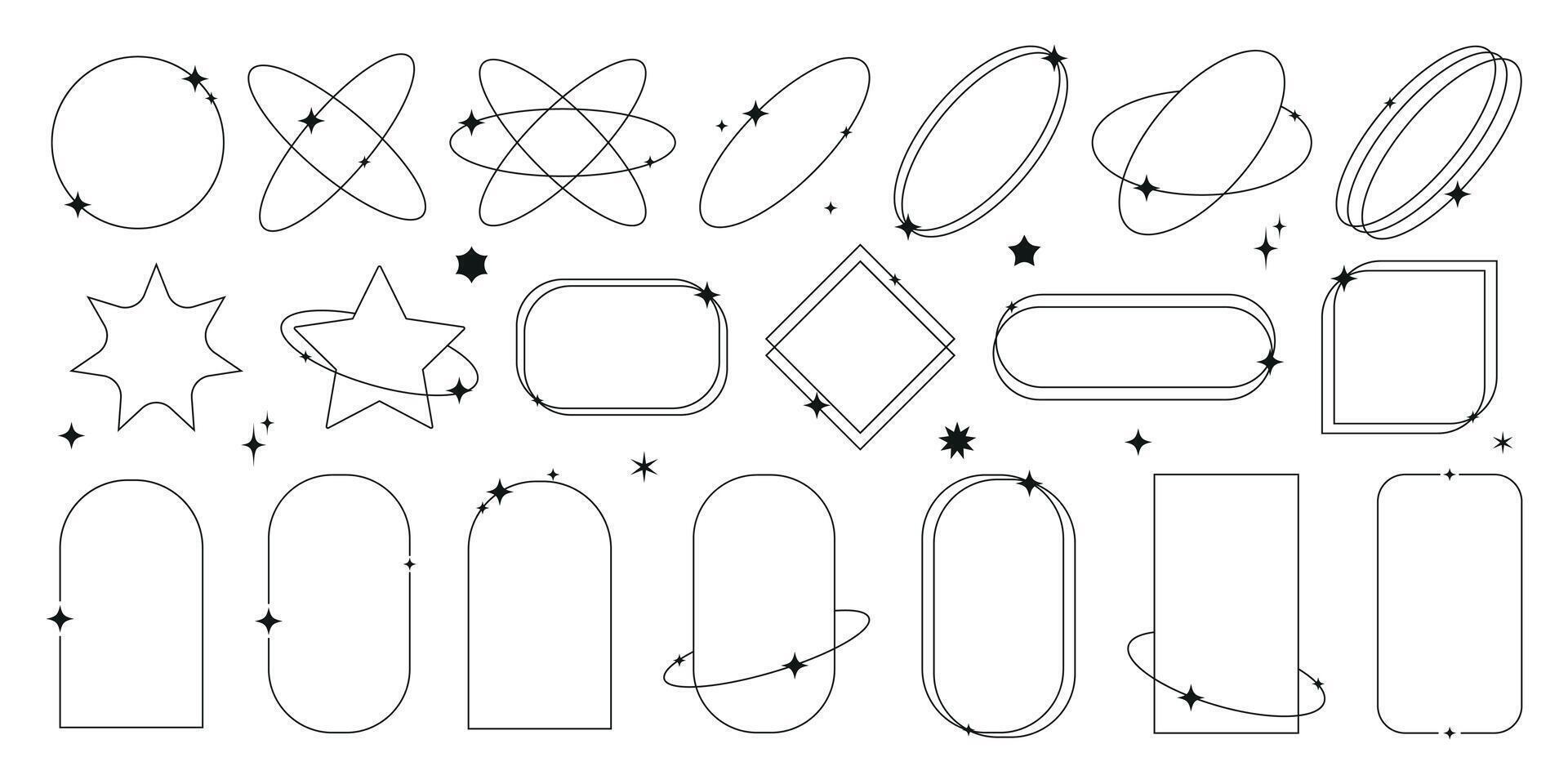 Modern minimalist line elements, trendy linear frames with stars, arch frames, geometric shapes. Arched frames for poster design, decorative set in boho vector