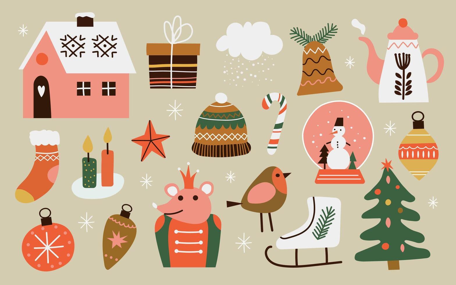 Cute set with Christmas illustrations. Gifts, house, Christmas tree, rat king, Christmas decorations, candles, hat, skates. New year's decoration elements. vector