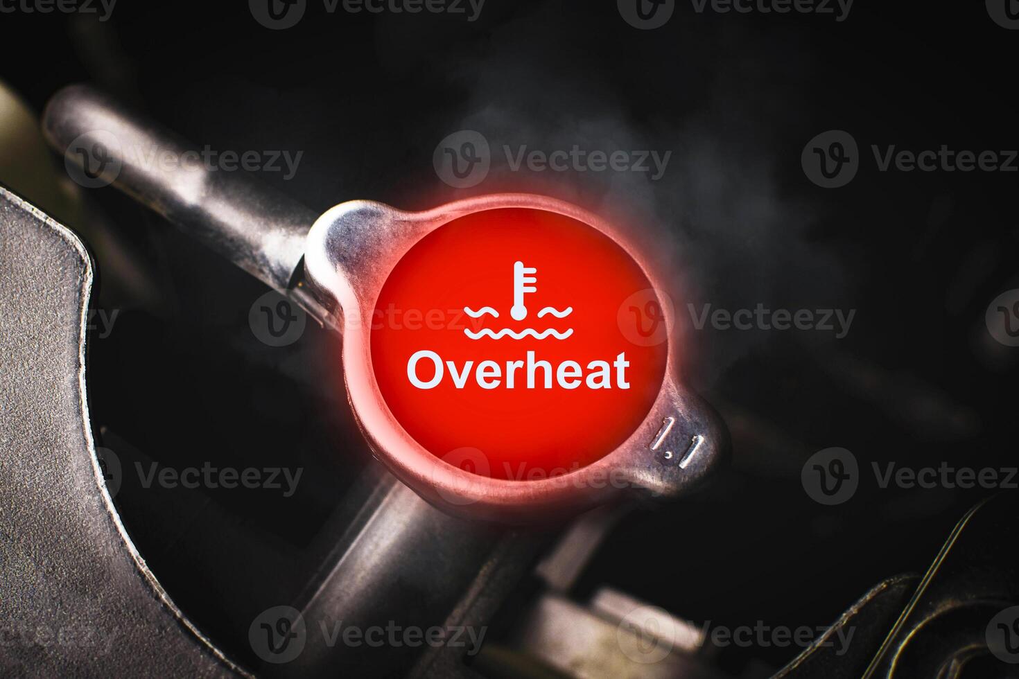 The car radiator overheats or the coolant temperature is too high and malfunctions , Close the car radiator cap with a warning message and symbol photo