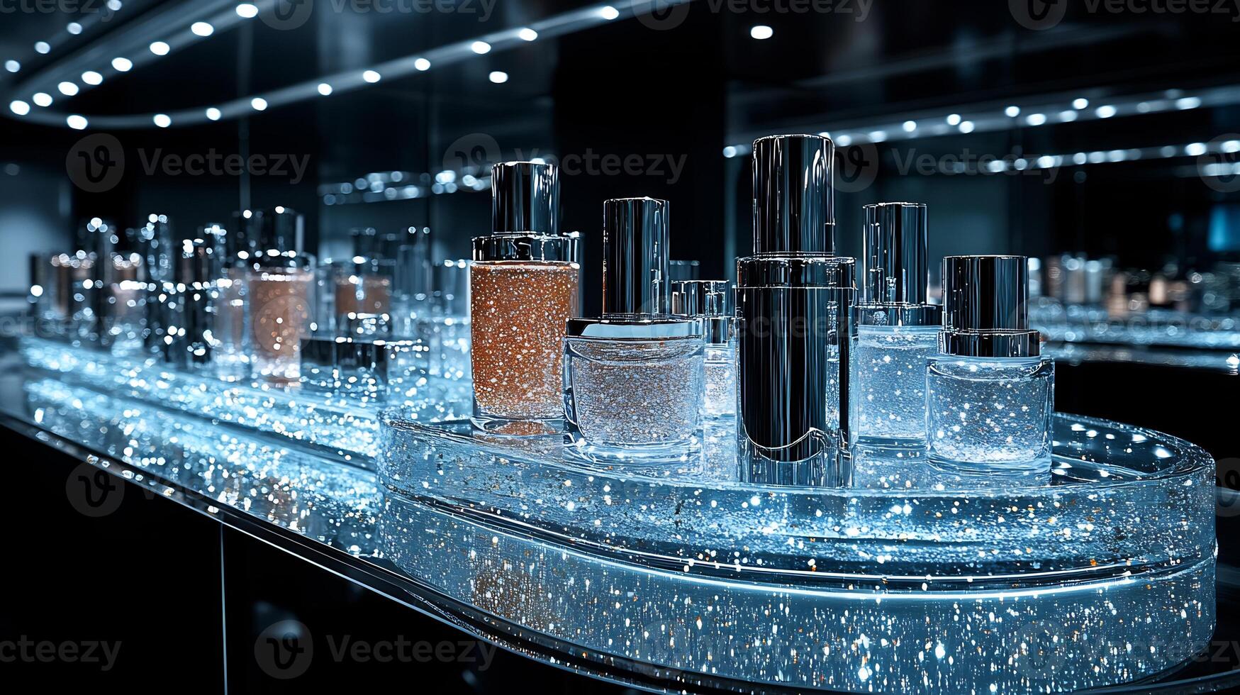 Futuristic monochrome Makeup display featuring sleek silver packaging glitterinfused lip glosses precision eyeliners metallic highlighters set a futuristic glass counter with spotlights photo