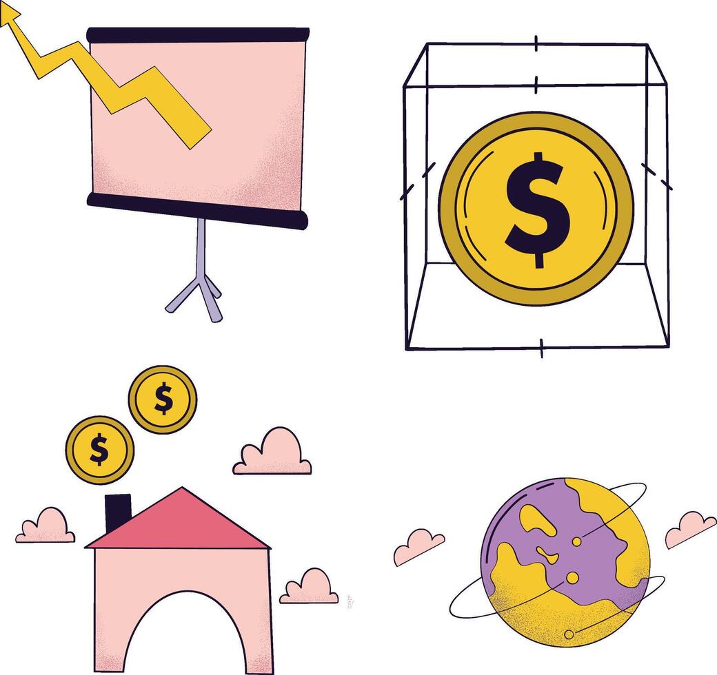 A set of icons depicting money, a house, and a globe vector