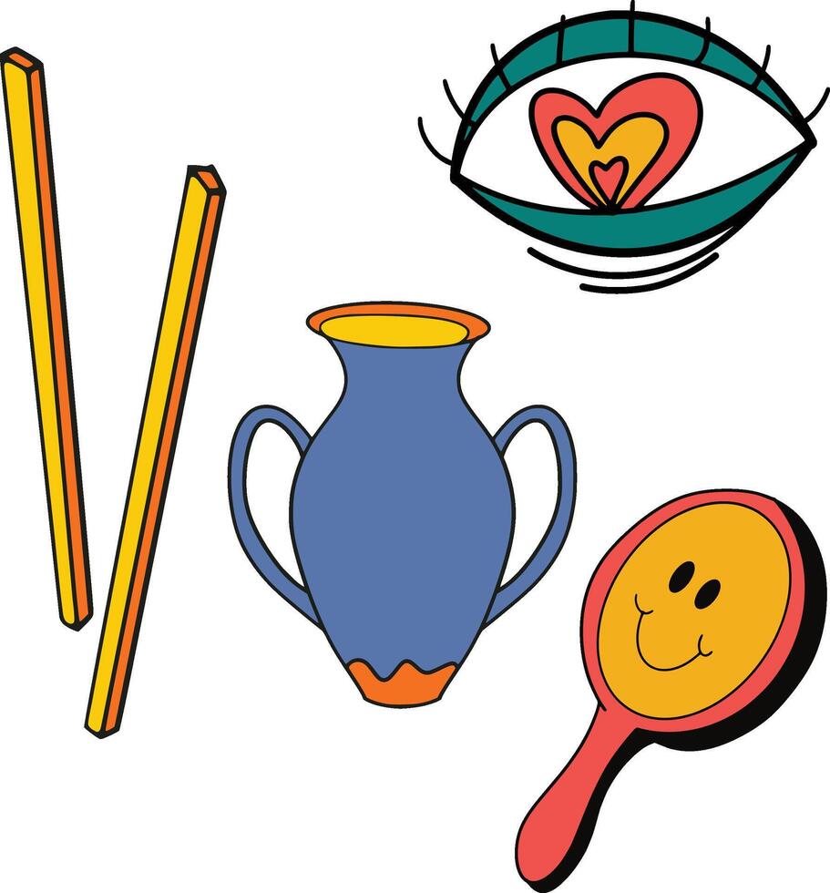 A drawing of a vase, a mirror, and a stick vector