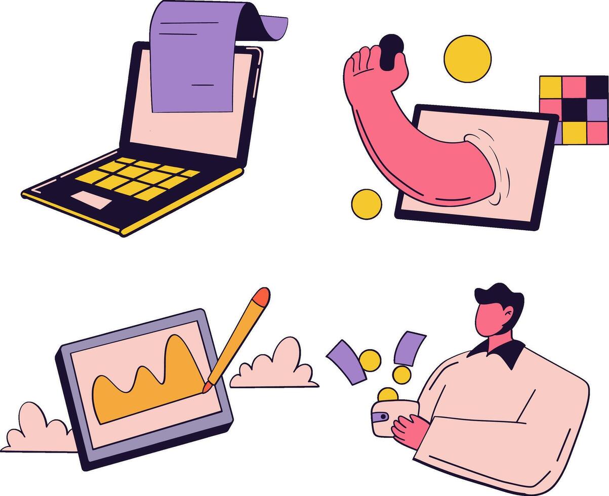 A set of icons Financial Work and a person working on a laptop Set Illustration vector
