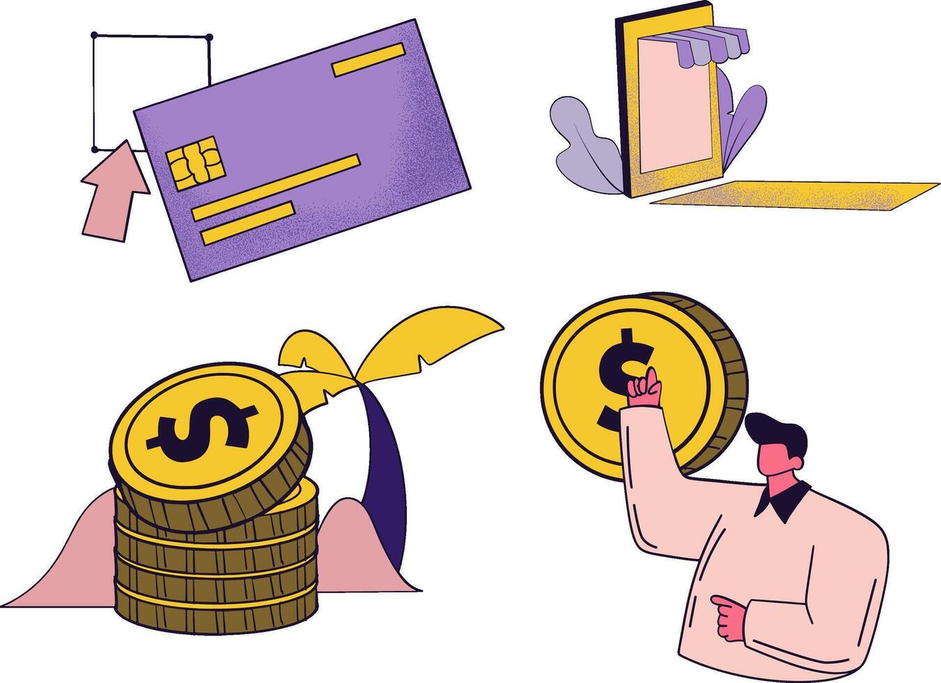 Illustration of a man holding a credit card, a coin and a phone vector