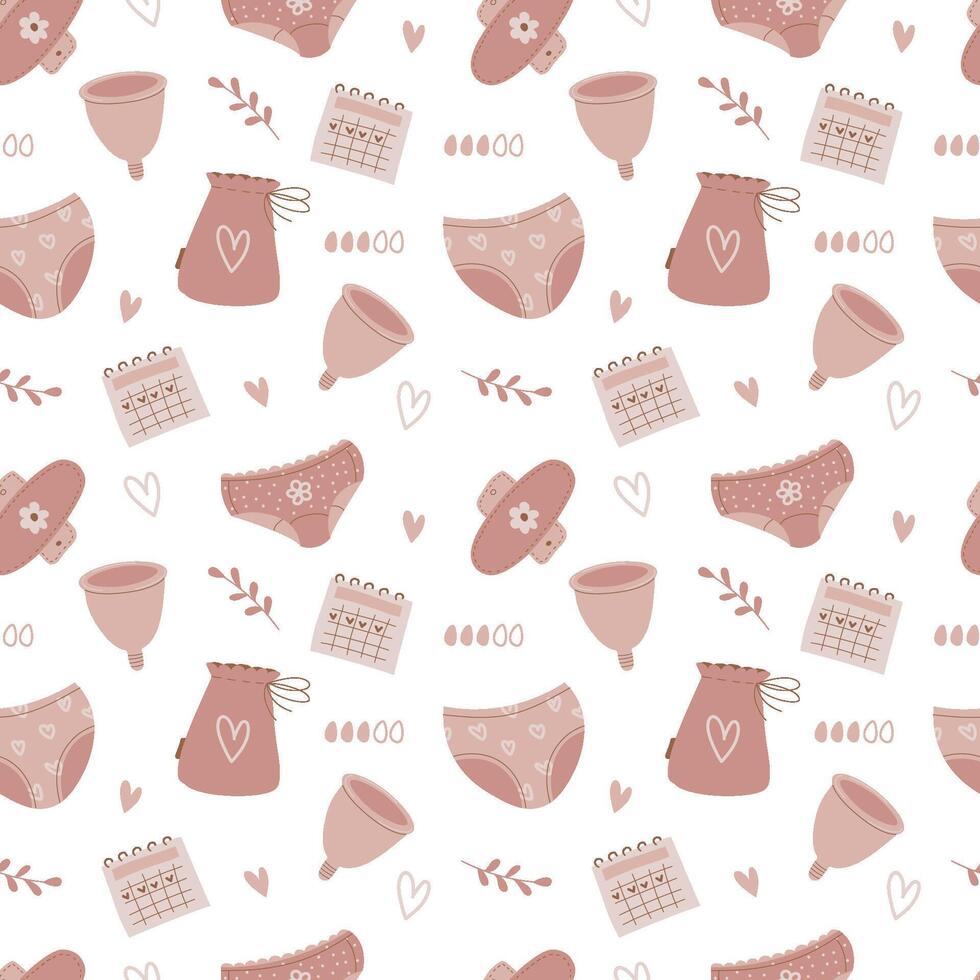 Pattern with feminine hygiene accessories during menstruation. Reusable pads, menstrual cup. Zero waste style concept vector