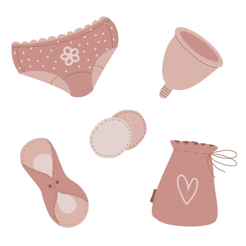 Reusable feminine hygiene products during menstruation. Menstrual cup, cloth pads. Hygiene without waste vector