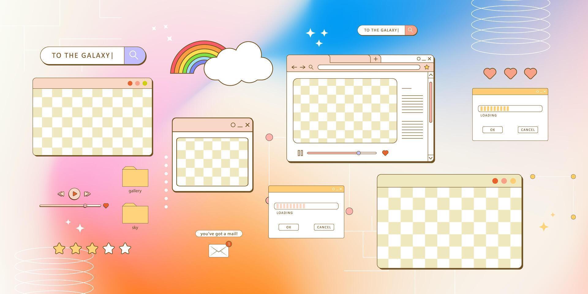aesthetic retro computer browser 90s vaporwave style with smile daisy flower. Retrowave pc desktop with 404 error message boxes and popup user interface elements vector