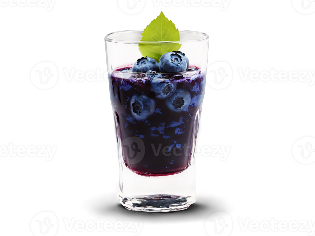 Blueberry Juice Dark blueberry juice in a clear shot glass whole blueberries and leaves frozen png