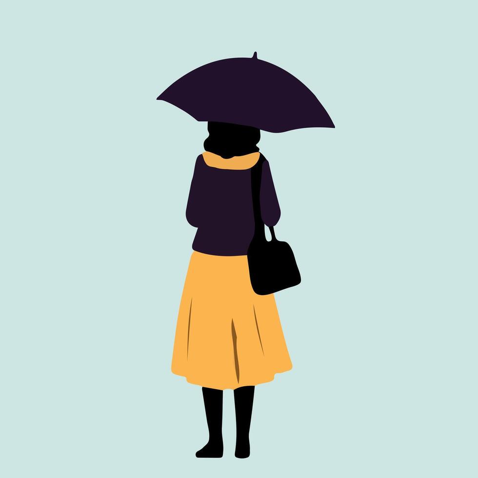 a woman with an umbrella standing in the rain vector