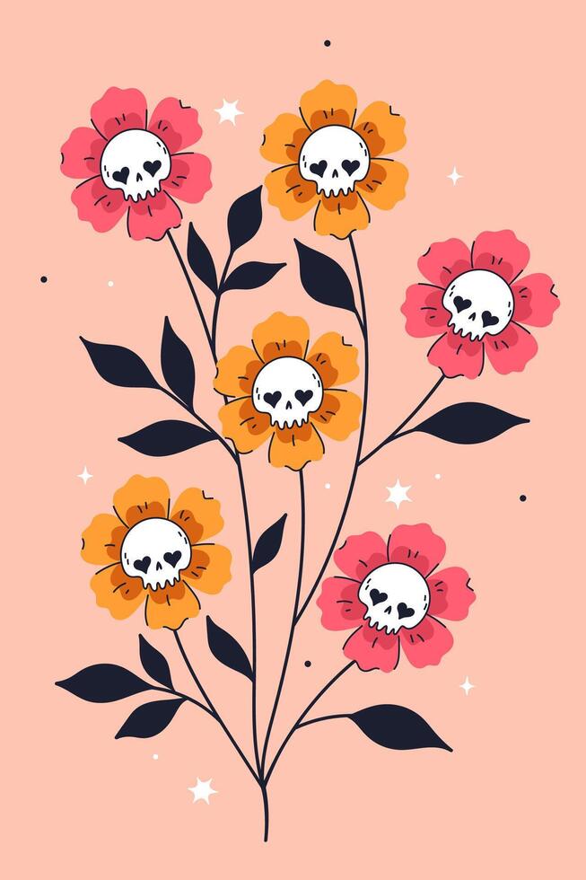 Postcard or poster with pink and yellow flowers with skulls. graphics. vector
