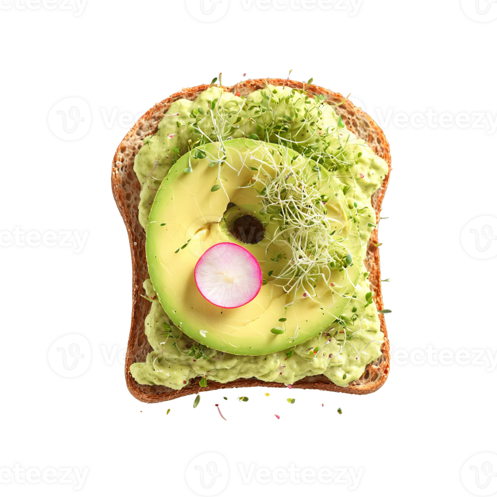 Avocado toast with mashed avocado spread on toasted sourdough bread topped with sliced radishes microgreens png