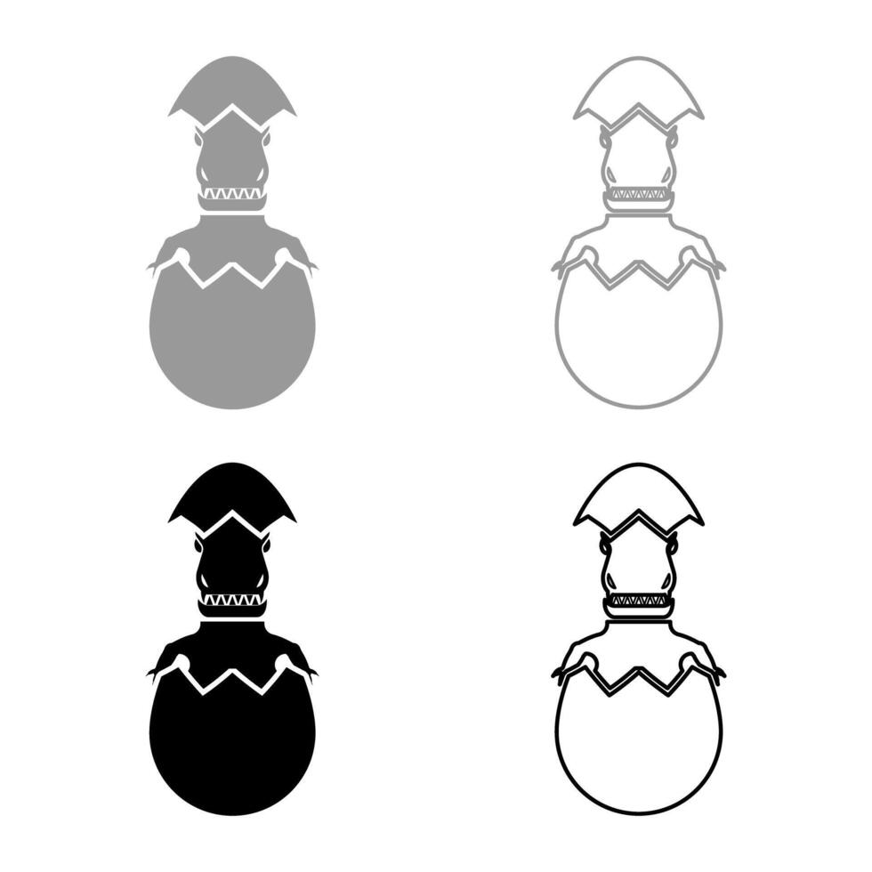 Evil dinosaur hatch from egg cracked eggshell set icon grey black color illustration image solid fill outline contour line thin flat style vector